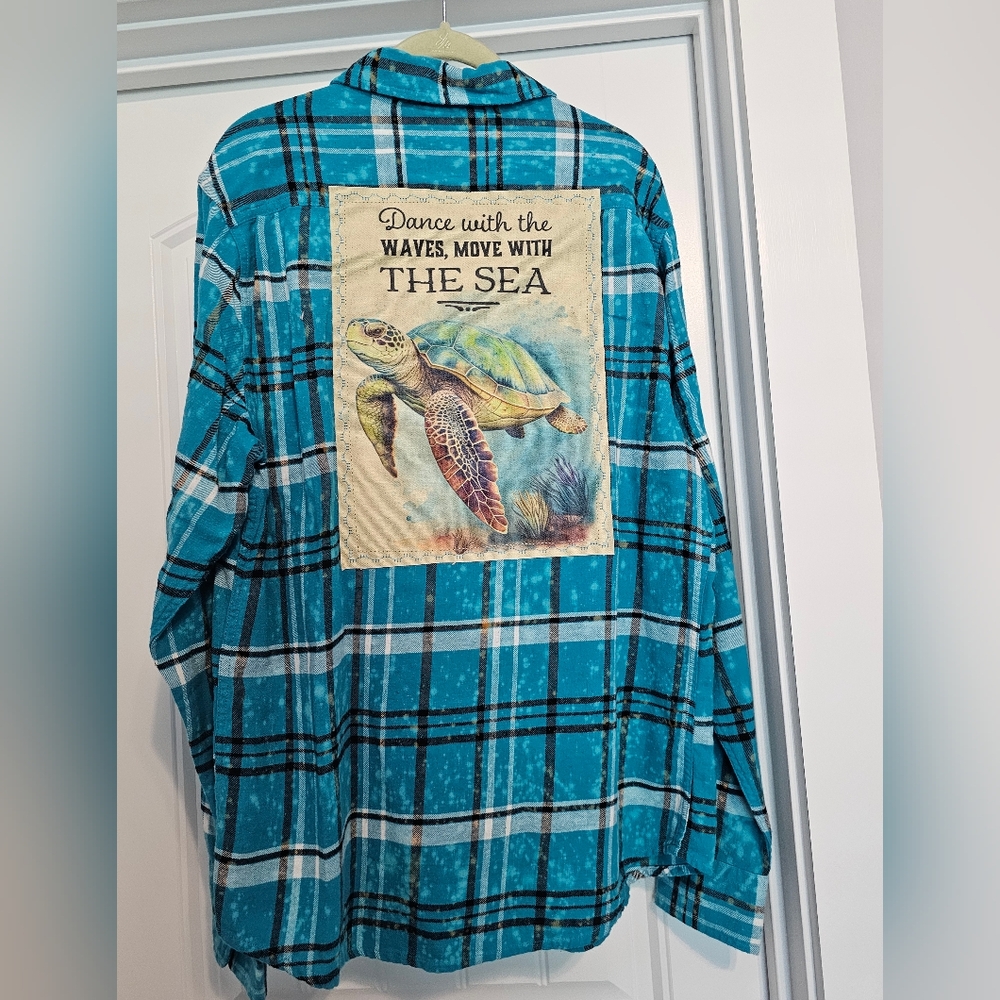 Blue Plaid Button Down Shirt with Sea Turtle Design